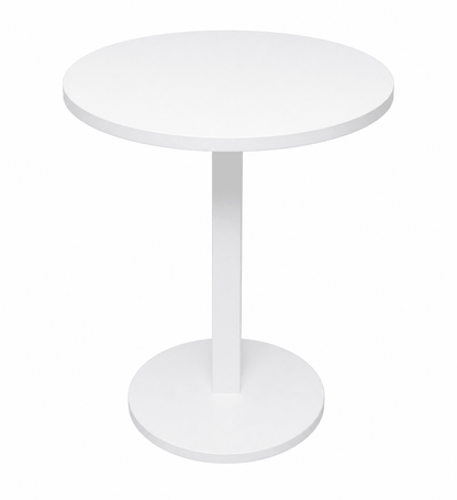 A minimalist white round bar table with a single pedestal base and a circular footplate, shown against a plain white background.