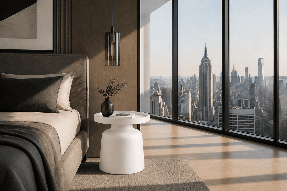 A modern bedroom interior with a bed, white side table, pendant light, and large floor-to-ceiling windows overlooking a city skyline. No person or animal is present, but the real room environment is visible, so this fits Lifestyle rather than Product/Packaging.