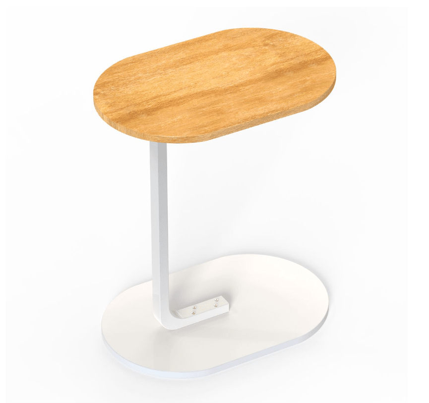 A modern oval side table with a light natural wood top and a white metal pedestal base on a white background.