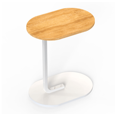 A modern oval side table with a light natural wood top and a white metal pedestal base on a white background.