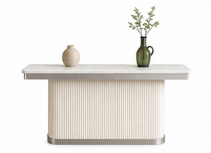 Modern white desk with two vases on a white background That Couch Place
