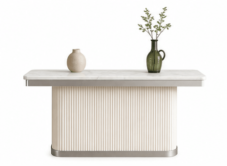 Modern white desk with two vases on a white background That Couch Place