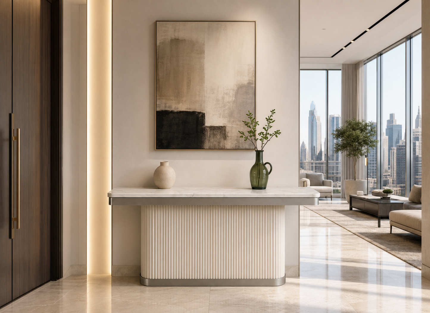 Modern interior with a console table, abstract painting, and cityscape view.