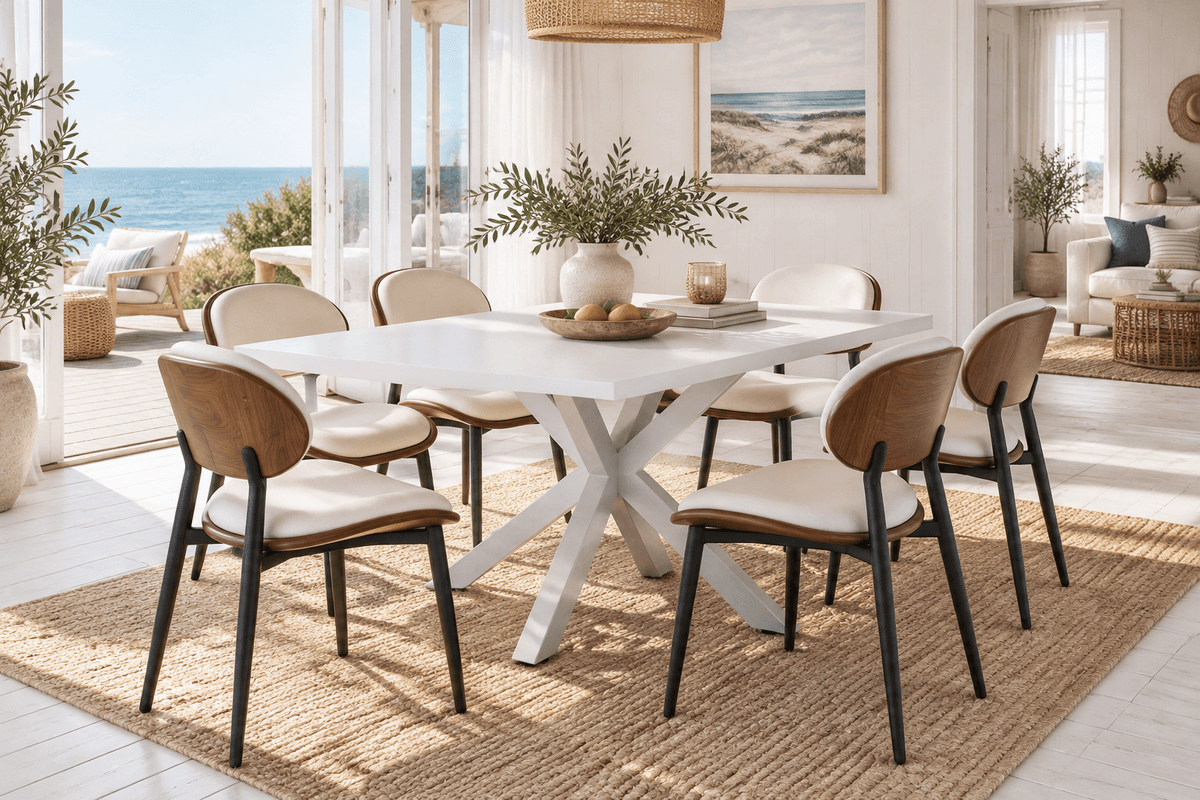A modern dining room set featuring a white rectangular table with an X-base and six matching chairs with light beige seats, brown wood-look backs, and black legs, set on a jute rug in a bright, sunlit room with an ocean view.