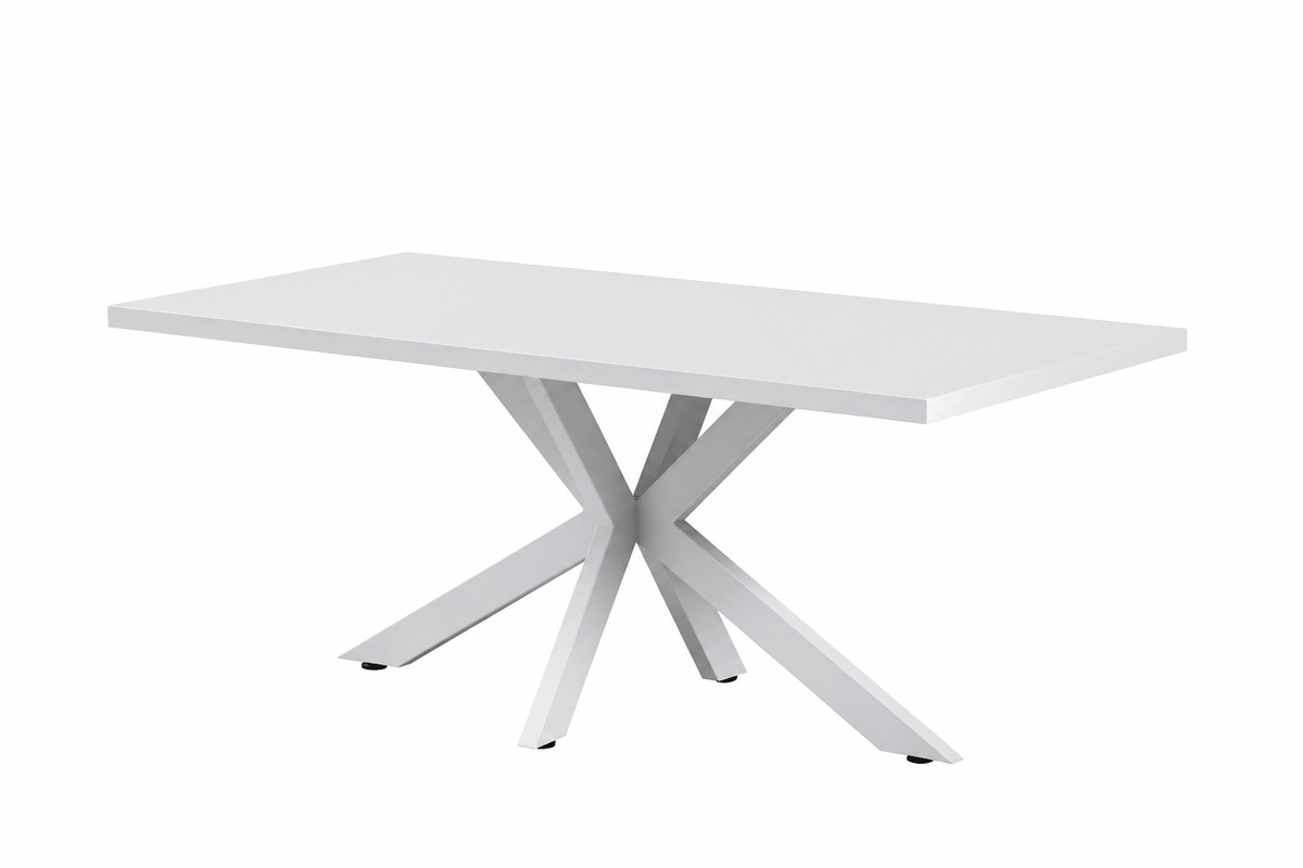 White dining table with white steel legs n a white background