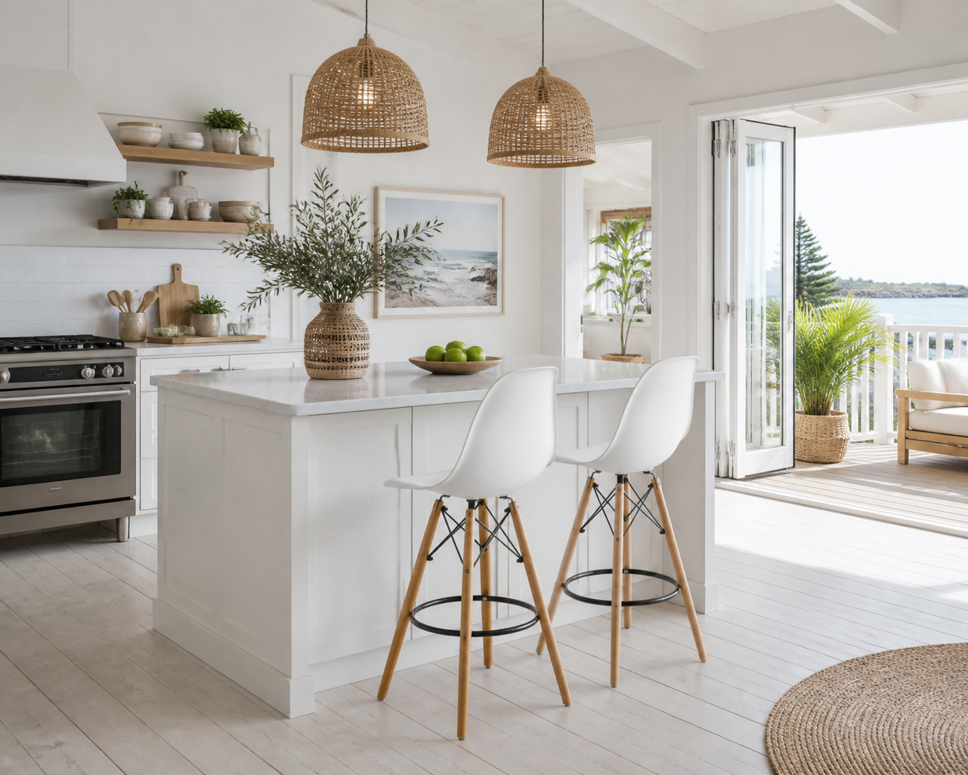 A bright, modern kitchen island with a white shaker-style bar stool and wooden legs, set in a sunlit kitchen with wicker pendant lights, a marble countertop, and an open door leading to a balcony.