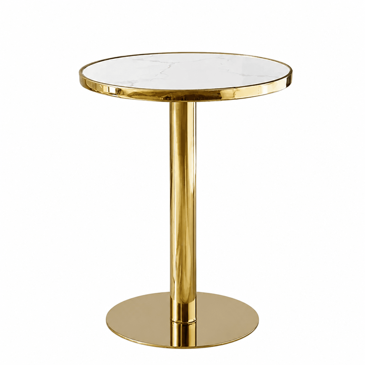 A round Bar table with a polished gold metal pedestal base and a white marble-patterned top, isolated on a white background.