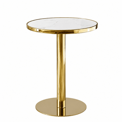 A round Bar table with a polished gold metal pedestal base and a white marble-patterned top, isolated on a white background.
