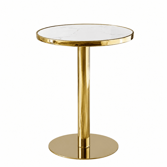 A round Bar table with a polished gold metal pedestal base and a white marble-patterned top, isolated on a white background.