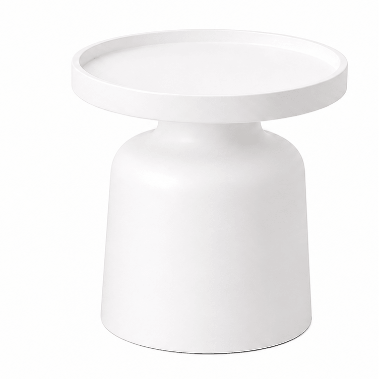 A minimalist white ceramic side table with a wide circular tray top and a tapered cylindrical base, shown on a seamless white background.
