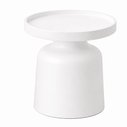 A minimalist white ceramic side table with a wide circular tray top and a tapered cylindrical base, shown on a seamless white background.