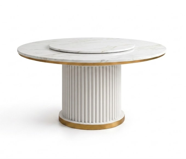 A round dining table featuring a white marble top with a gold metal rim, a matching marble top insert, and a fluted white pedestal base with a gold circular base trim, set against a plain white background.
