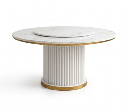 A round dining table featuring a white marble top with a gold metal rim, a matching marble top insert, and a fluted white pedestal base with a gold circular base trim, set against a plain white background.