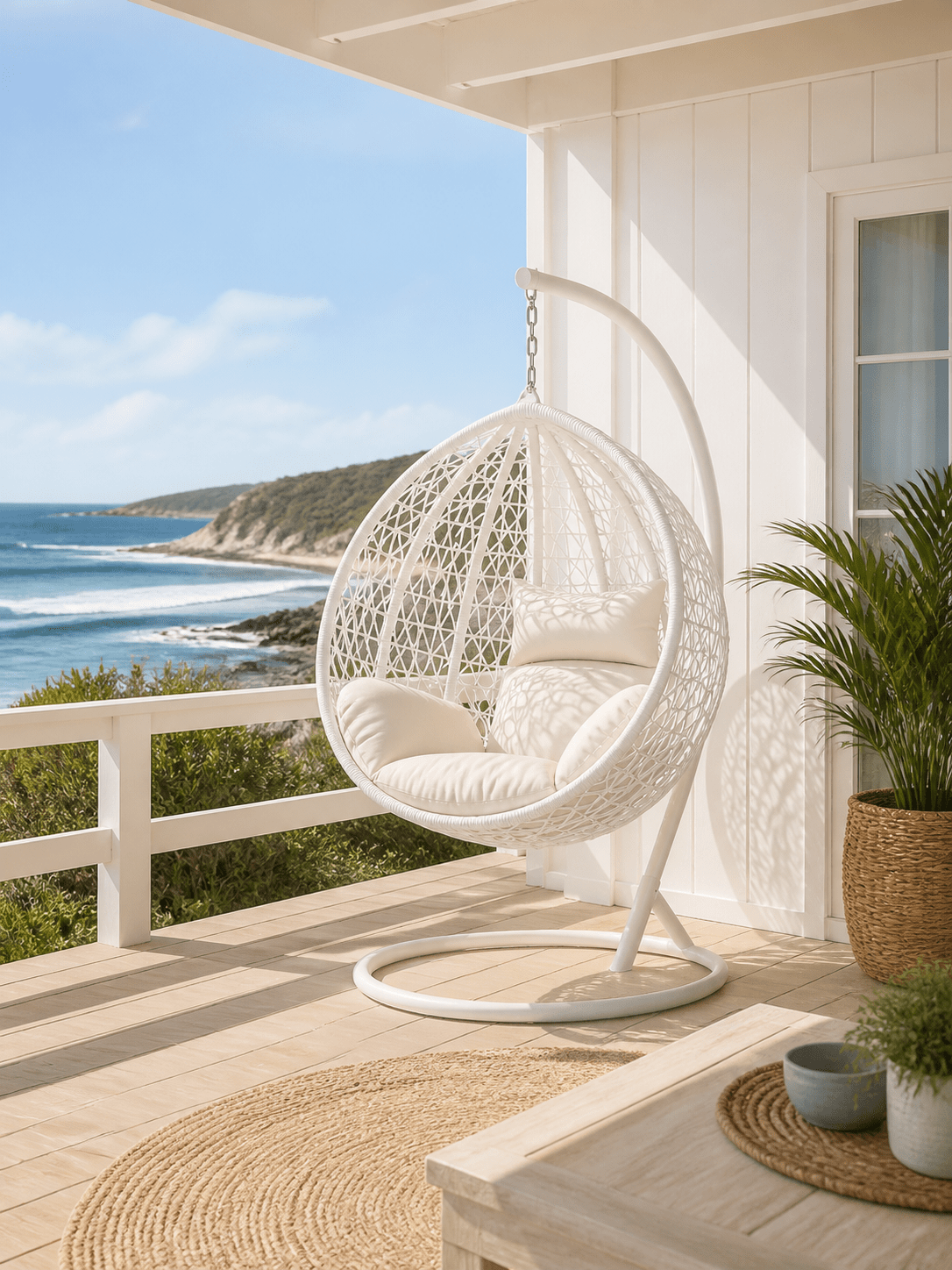 White wicker egg chair on a deck with ocean view