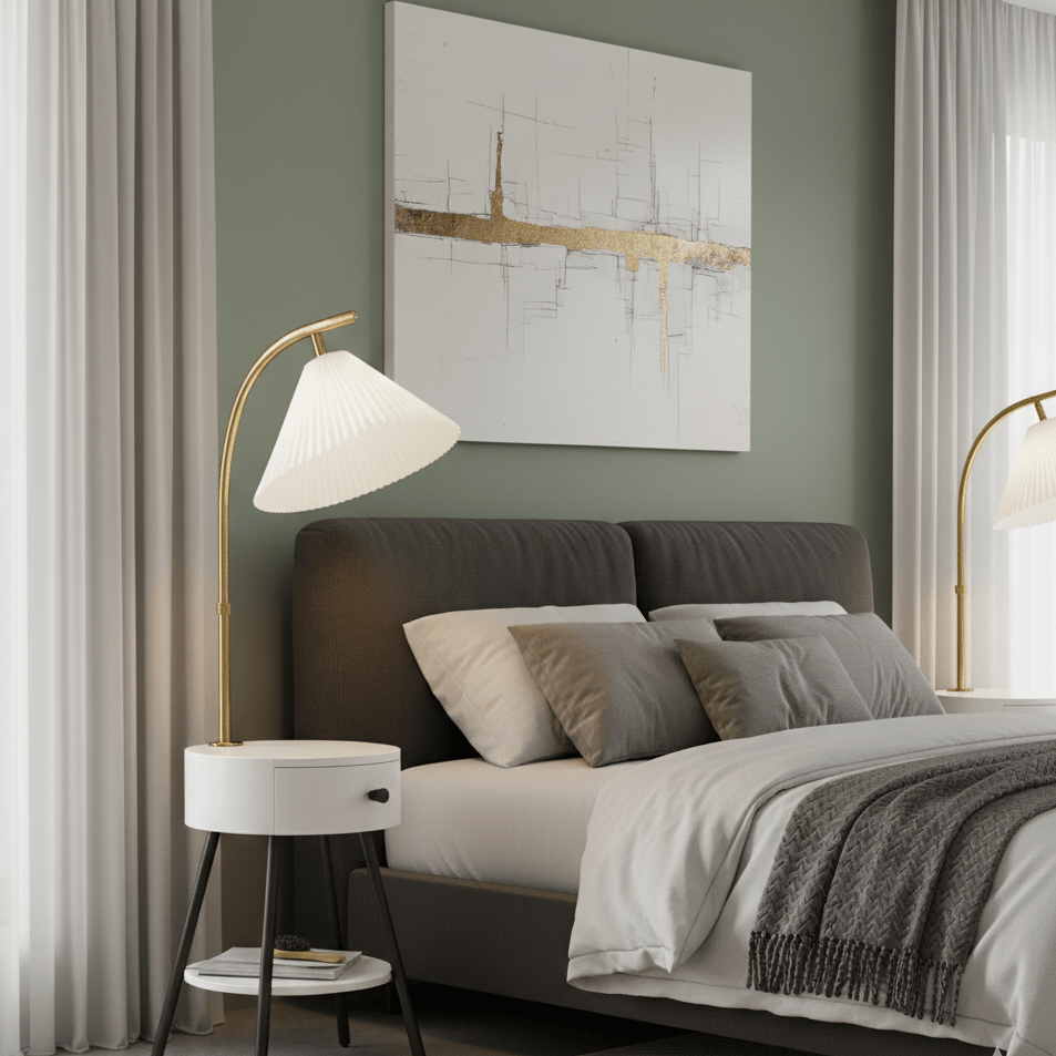 Modern bedroom with a bed, nightstands, and abstract art on the wall.