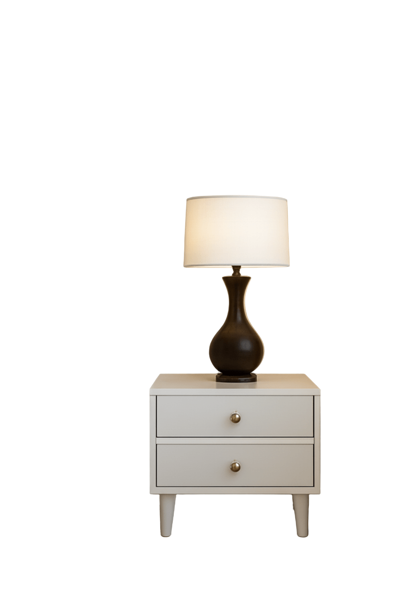 White nightstand with a lamp on white background That Couch Place