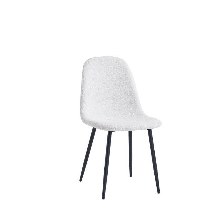 A modern dining chair with a textured white molded seat and back, supported by four slim black metal legs, shown against a plain white background.
