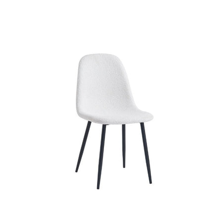 A modern dining chair with a textured white molded seat and back, supported by four slim black metal legs, shown against a plain white background.