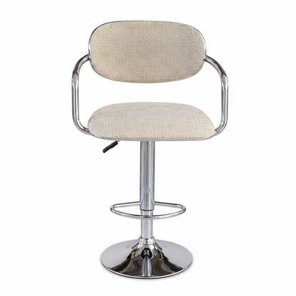A modern swivel bar stool with a textured beige upholstered seat and backrest, supported by a polished chrome metal pedestal base and curved armrests.