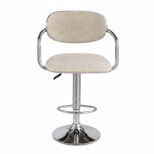A modern swivel bar stool with a textured beige upholstered seat and backrest, supported by a polished chrome metal pedestal base and curved armrests.