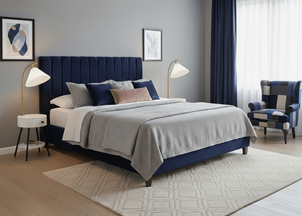 Modern bedroom with a blue upholstered bed, gray bedding, and decorative pillows. Featuring two white bed side tables and nightstand lamps