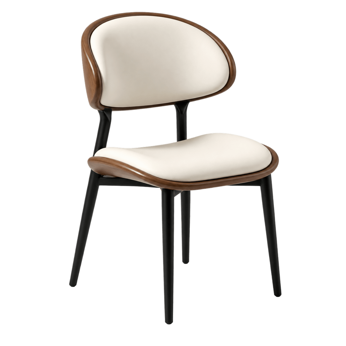 A modern dining chair with a cream-colored upholstered seat and curved backrest, framed by medium brown wood trim and supported by slim black metal legs, shown against a plain white background.