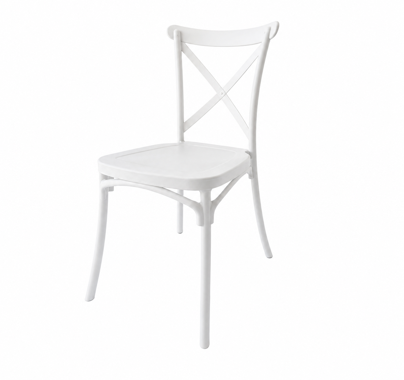 A white dining chair with a square seat, curved backrest, and crossed X-back design, shown on a plain white background.