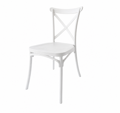 A white dining chair with a square seat, curved backrest, and crossed X-back design, shown on a plain white background.