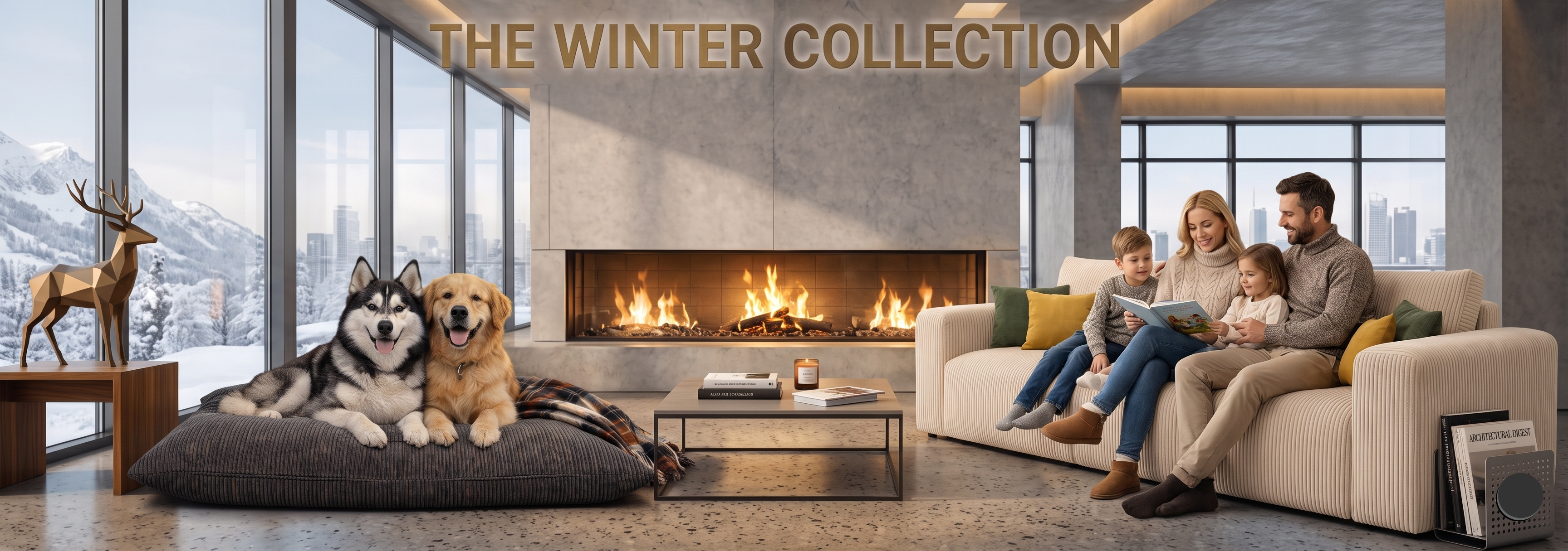 Family in a modern living room with a fireplace, featuring 'The Winter Collection' text.