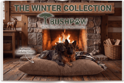 Two dogs on a cushion in front of a fireplace with 'Bushpaw' branding.