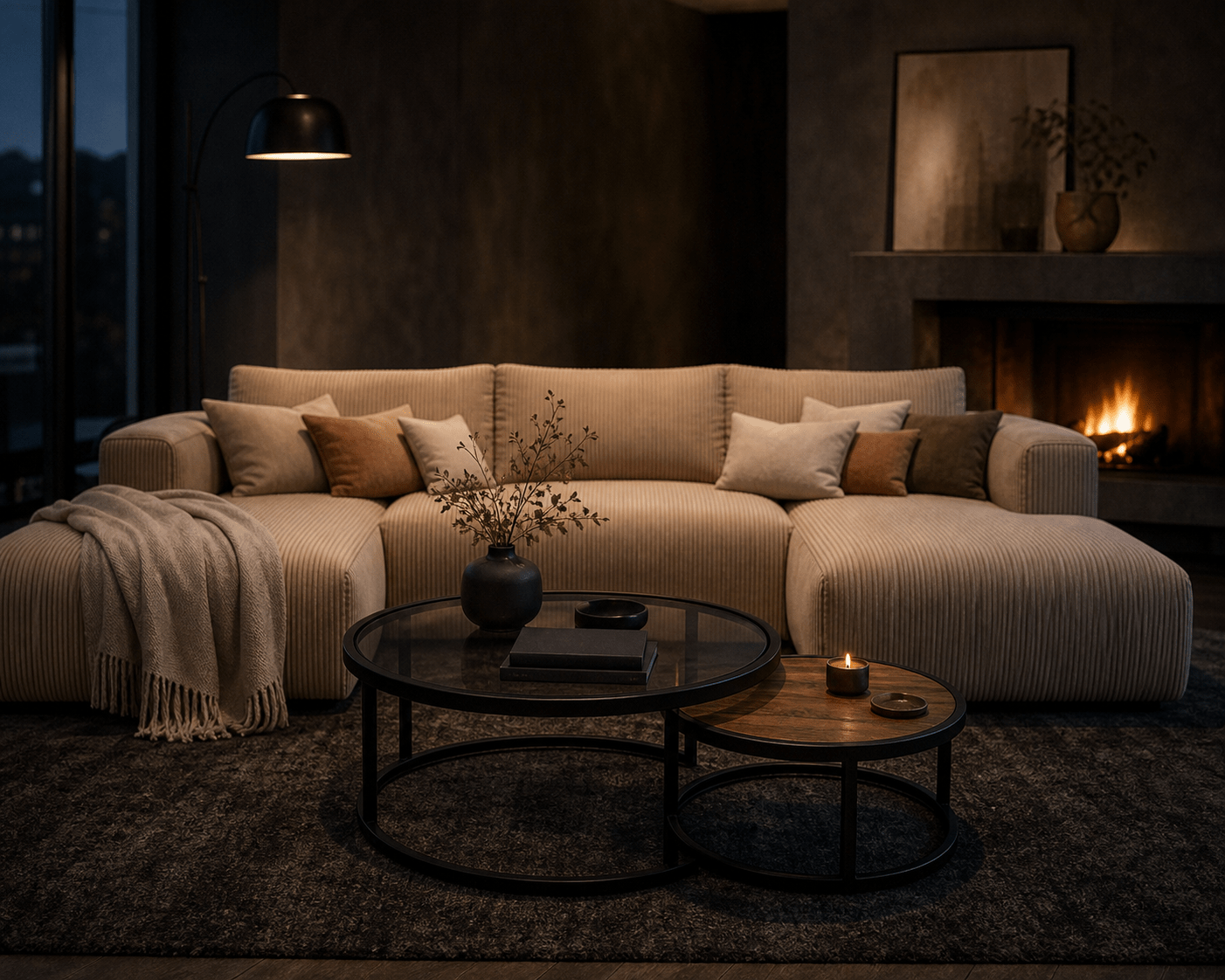 A large beige corduroy sectional sofa in a modern, dimly lit living room with a fireplace, coffee tables, and a throw blanket.