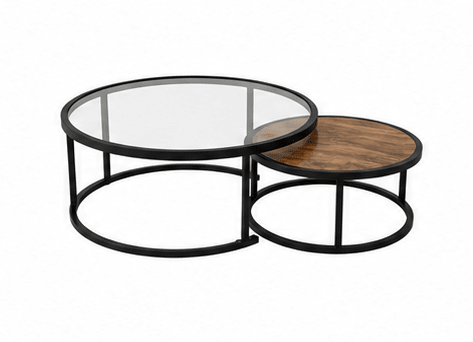 A pair of nested round nesting tables with black metal frames and wood-grain tabletops, one with a clear glass top and one with a brown wood top, shown on a white background.