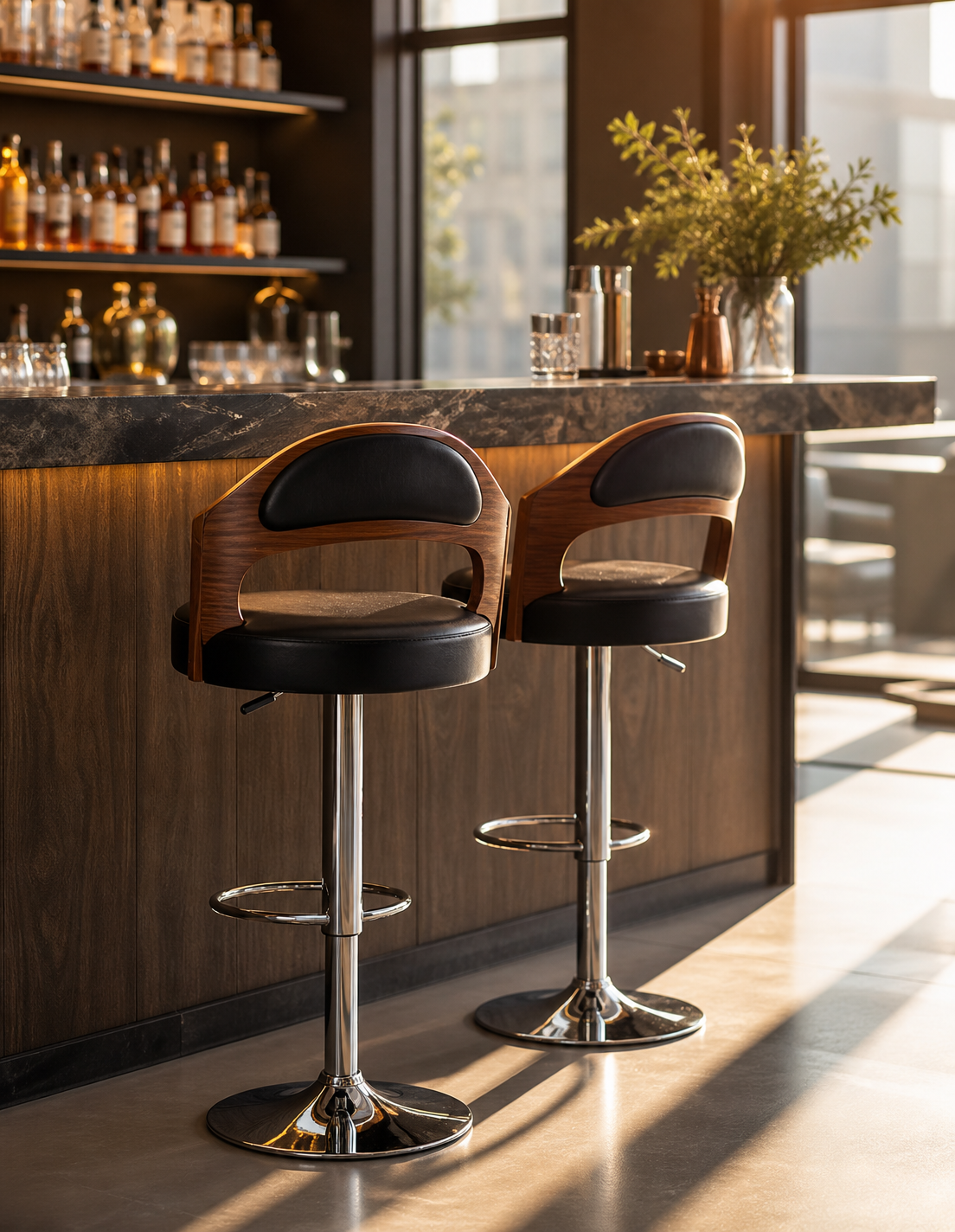 Two modern bar stools with curved wooden backs and black leather seats, positioned in front of a dark wood bar counter in a warmly lit bar interior.