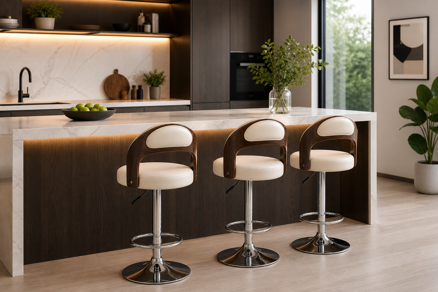 Three modern bar stools with cream leather seats and dark wood backs are arranged along a white marble kitchen island in a contemporary kitchen setting.