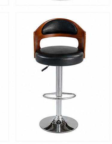 A modern counter stool with a black faux-leather cushioned seat and curved backrest, featuring a warm brown wood frame and a polished chrome pedestal base with a footrest.