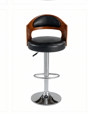 A modern counter stool with a black faux-leather cushioned seat and curved backrest, featuring a warm brown wood frame and a polished chrome pedestal base with a footrest.