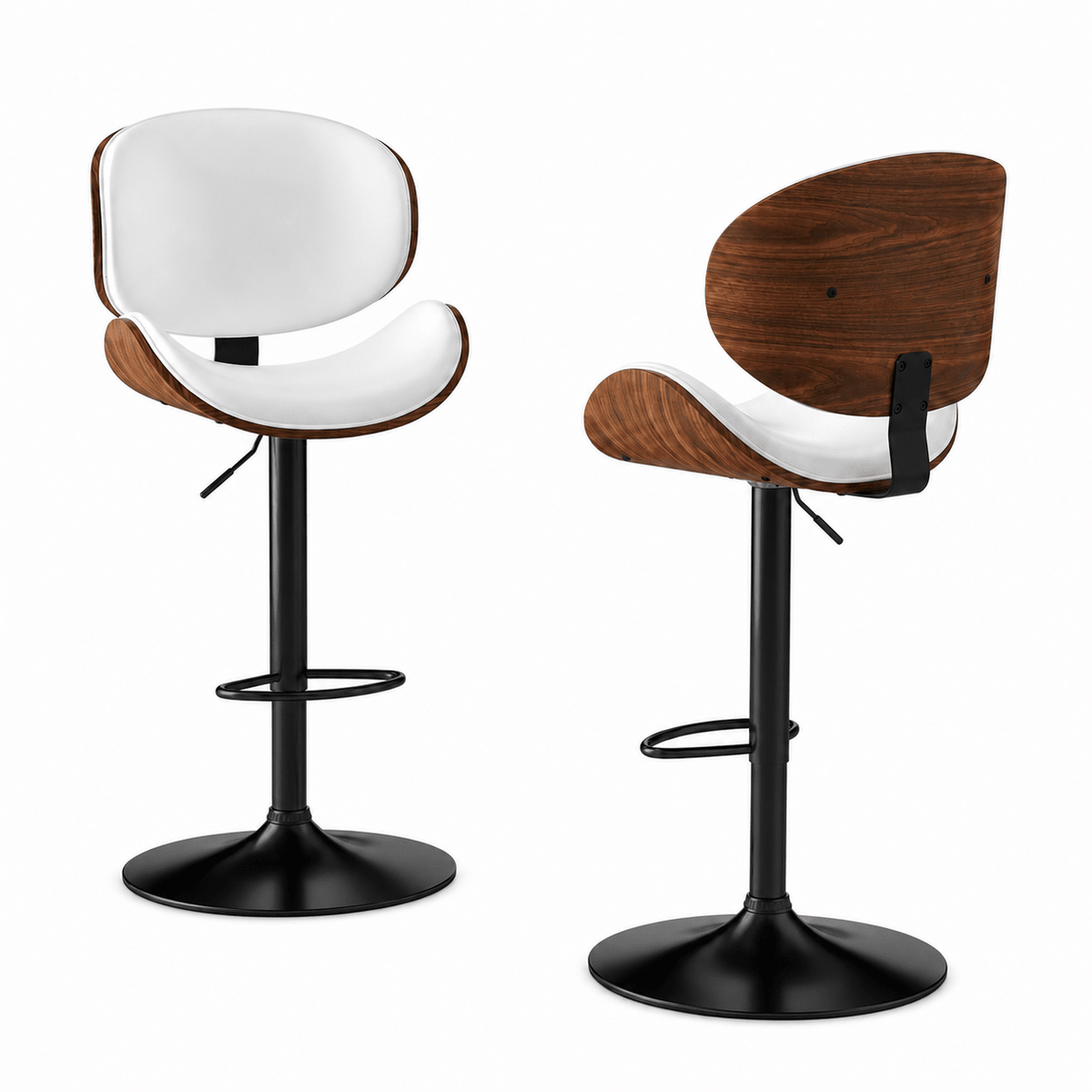 Two modern bar stools shown from the front and side angles on a clean white background. The stools feature curved white upholstered seats and backrests with dark brown wood-look fronts and black metal pedestal bases with footrests.