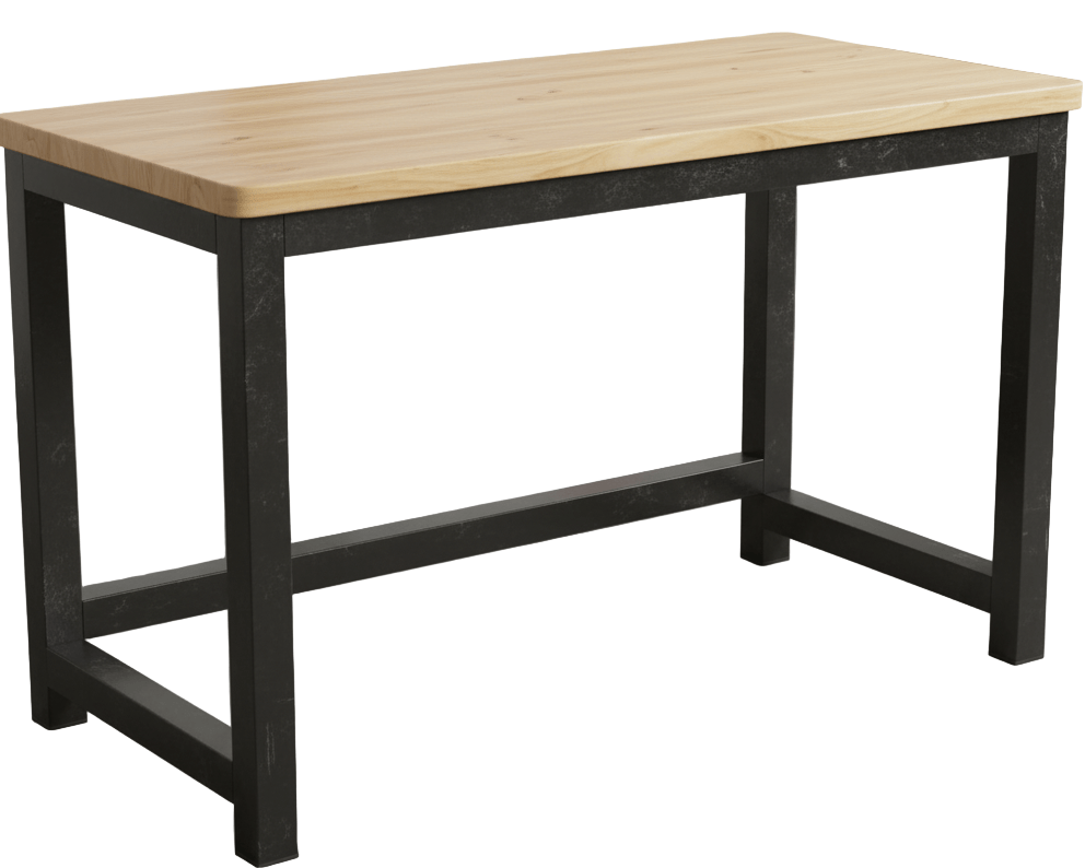 Wooden table with black metal legs on a plain background