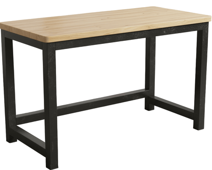 Wooden table with black metal legs on a plain background