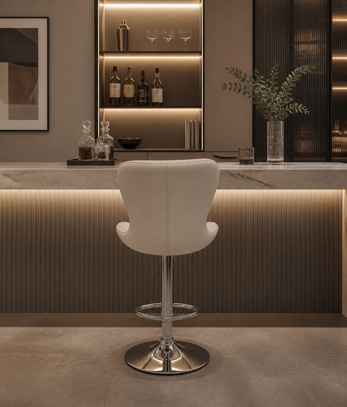 A white modern bar chair, seated at a white counter in  modern enviroment
