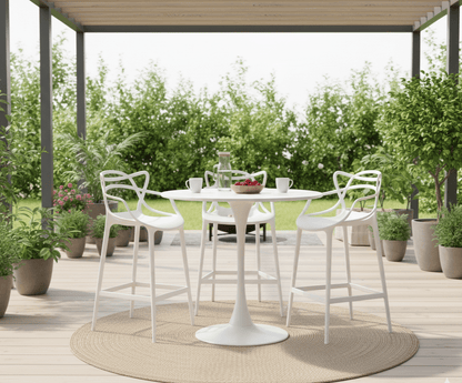White Bar Chair - Pop Art, for the Masters - On patio with a tulip table and garden background-That Couch Place