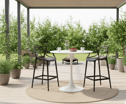 Black Bar Chair - Pop Art, for the Masters on patio scene with tulip table - That Couch Place