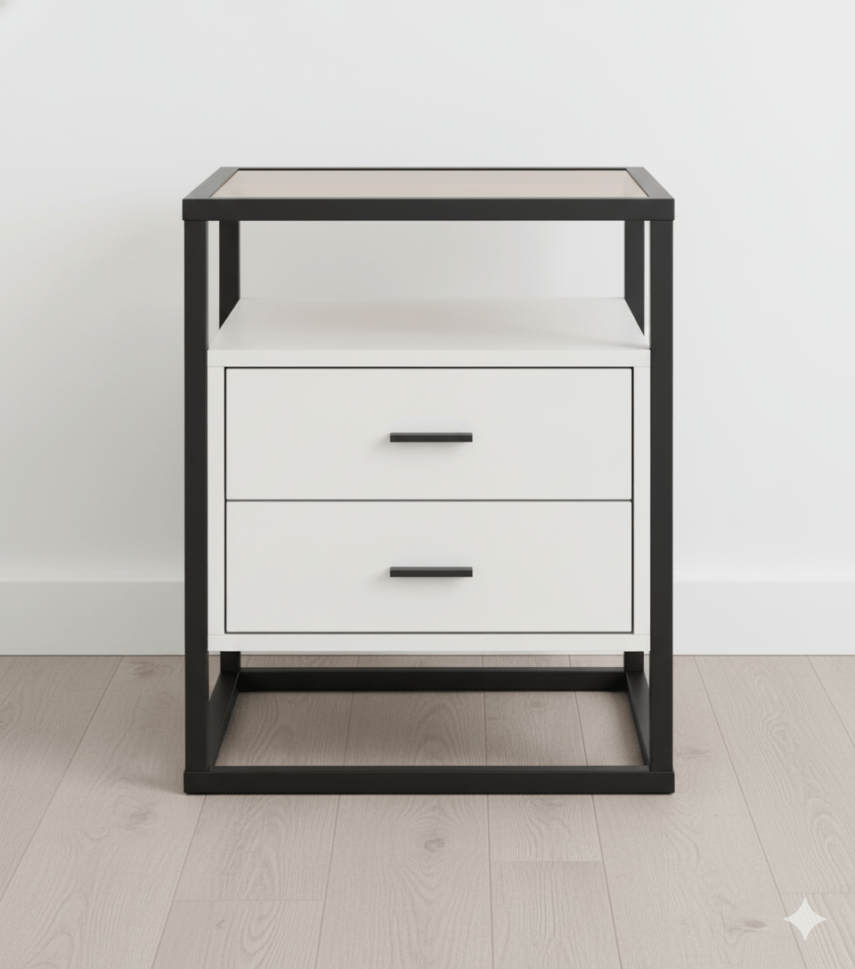 Bedside table in bedroom with bed and decor That Couch Place