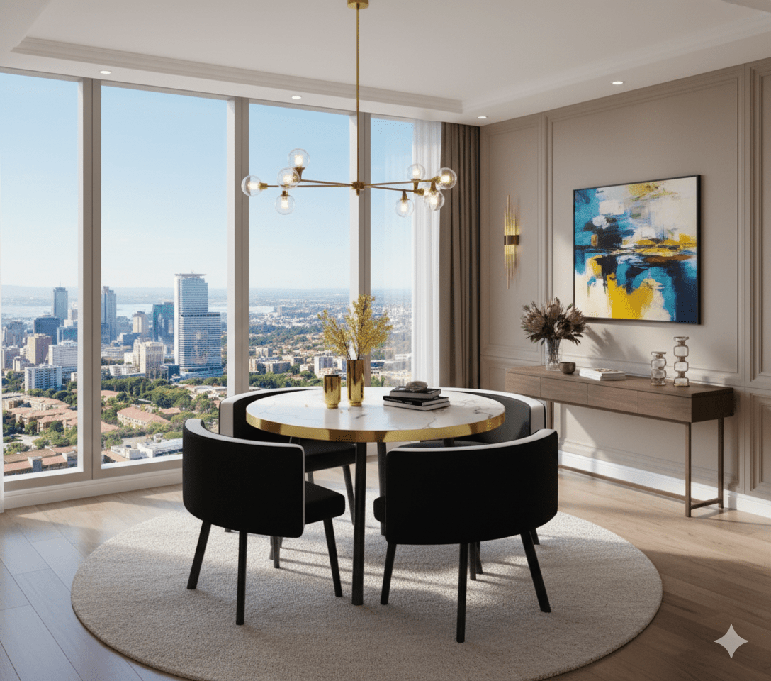 Compact  Black round marble dining table set in a diningroom with the view of the city- That Couch Place