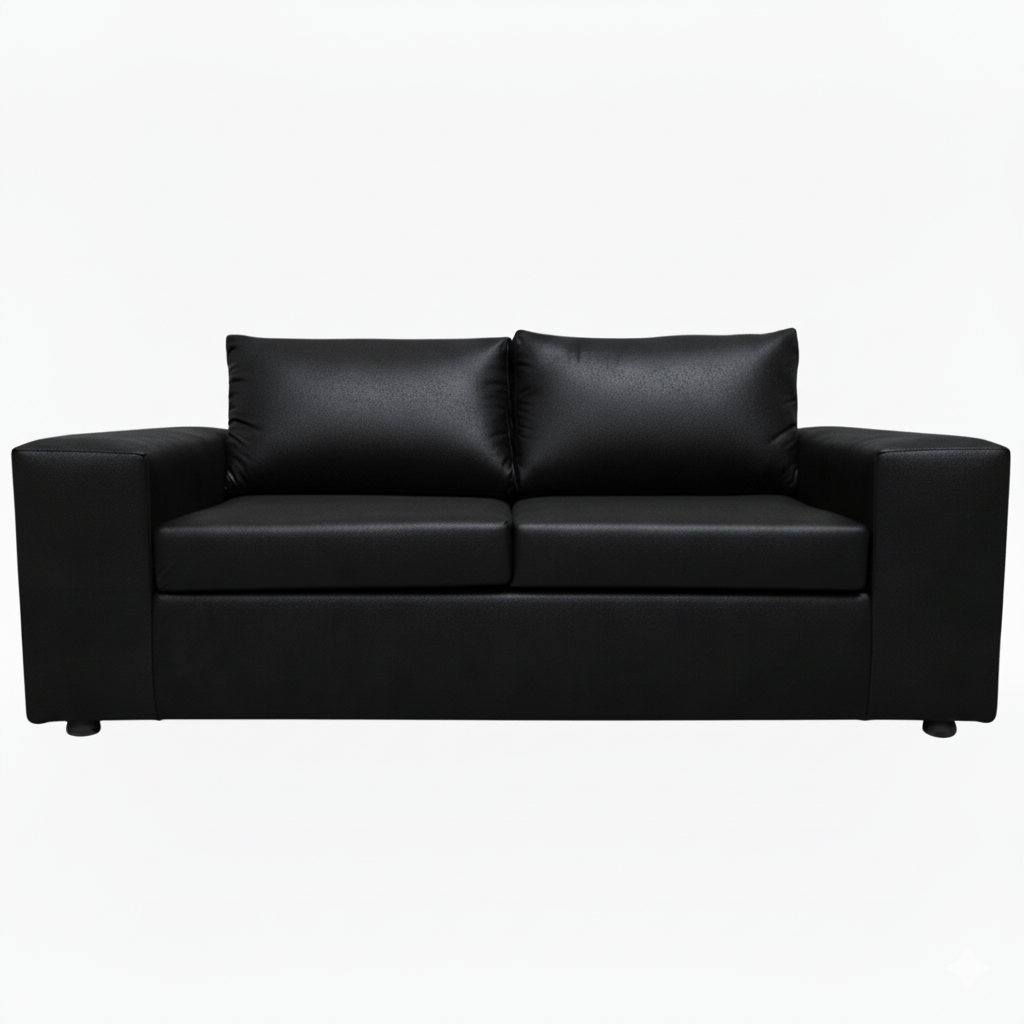 Black leather 2 seater couch sofa on a white background. The Couch Place