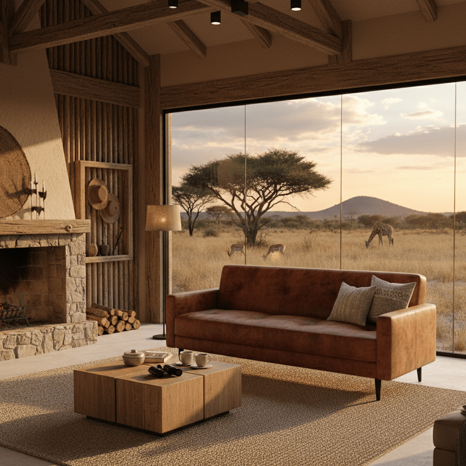 Modern bushveld lodge room with a brown sofa, coffee table, and fireplace, featuring a scenic view of a savannah. That Couch Place