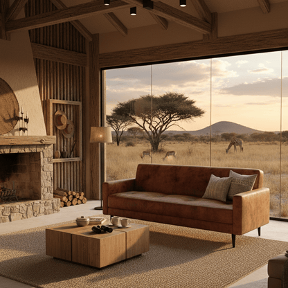 Modern bushveld lodge room with a brown sofa, coffee table, and fireplace, featuring a scenic view of a savannah. That Couch Place
