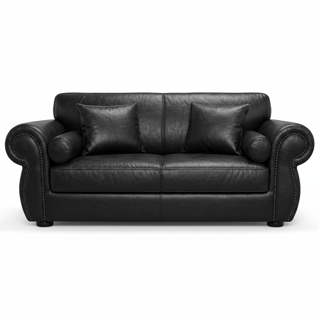 2 Seater Black leather Couch with pocket springs on a white background