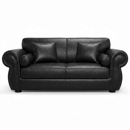 2 Seater Black leather Couch with pocket springs on a white background