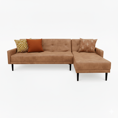 Brown sectional sofa with patterned cushions on a white background That Couch Place